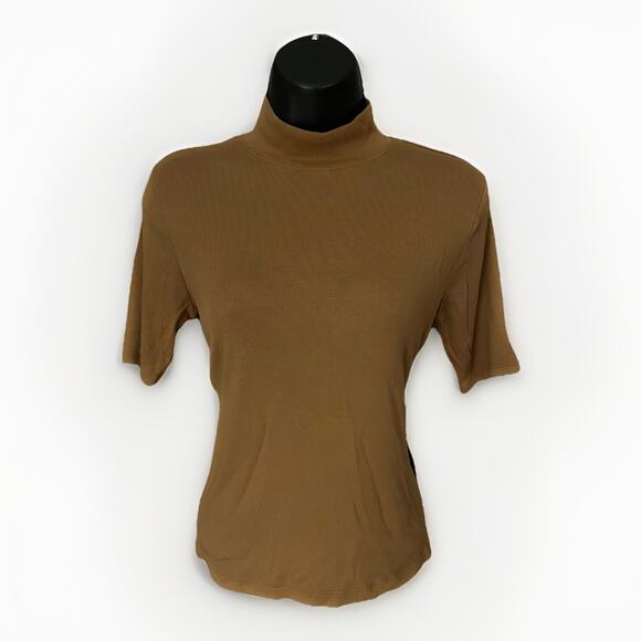 Joie Womens Medium Mustard Yellow Ribbed Mock Neck Short Sleeve Top Minimalist - Picture 1 of 5